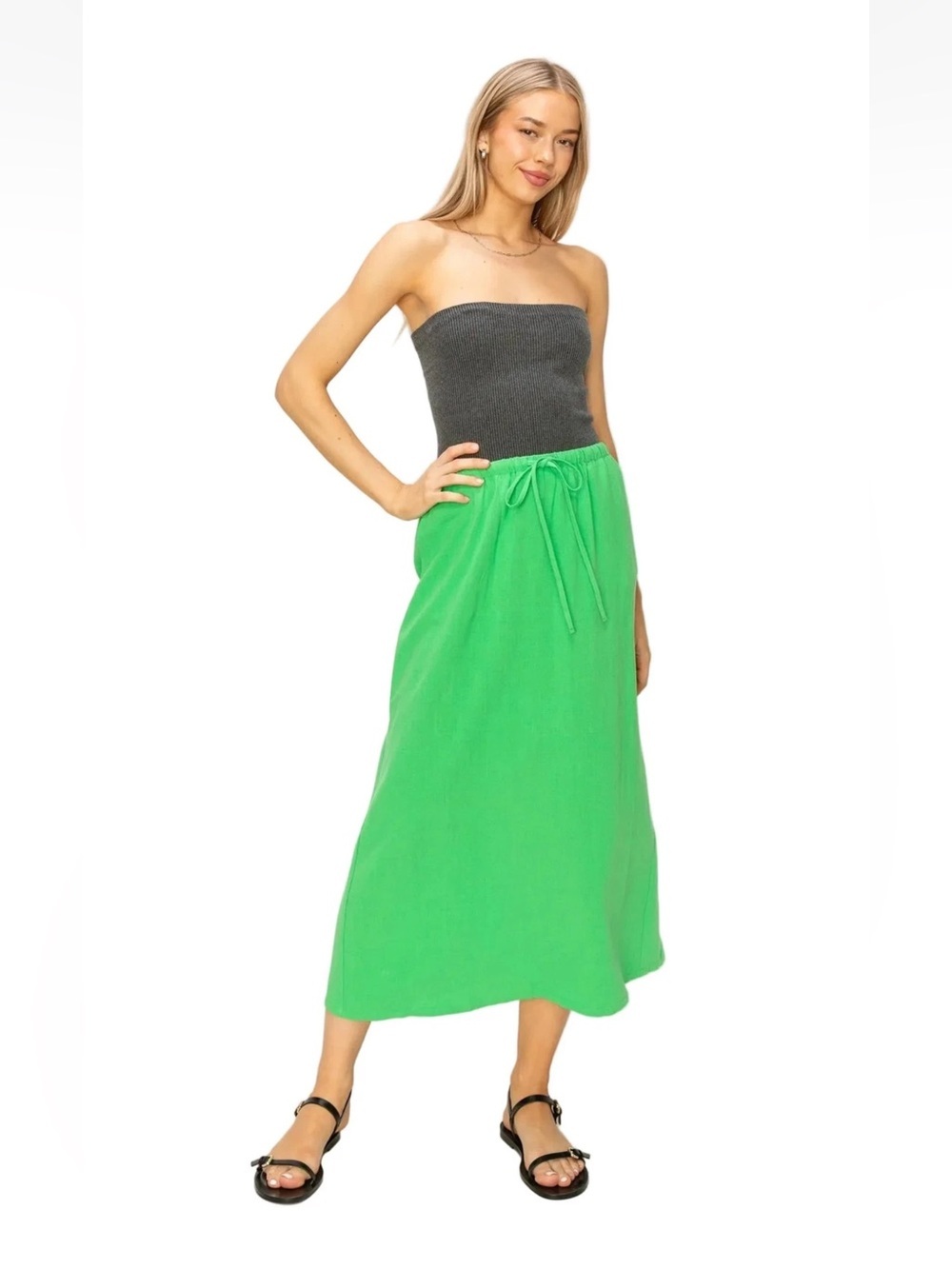 Women’s Green Linen Blend Midi Skirt Drawstring Elastic Waist Flowy Casual